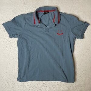 PS Paul Smith Mens XL Blue Polo Shirt Happy Smiley Logo Red Trim Short Sleeve